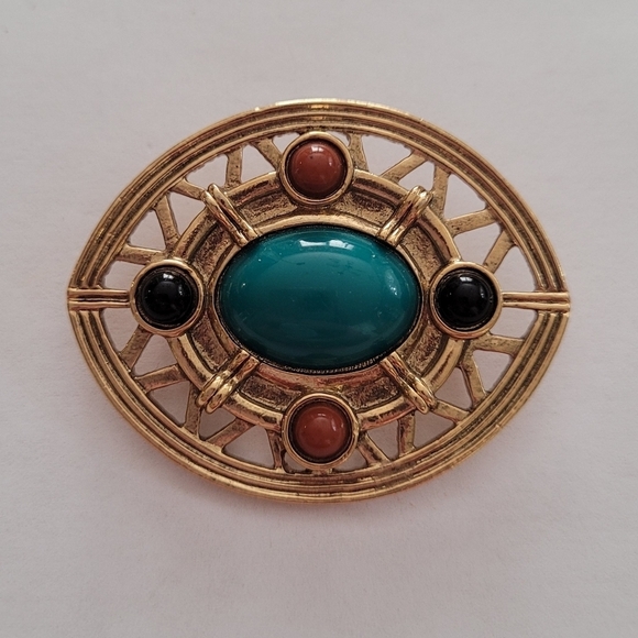 Vintage - 80's Multi Color Faux Stone Gold Brooch - Picture 1 of 3